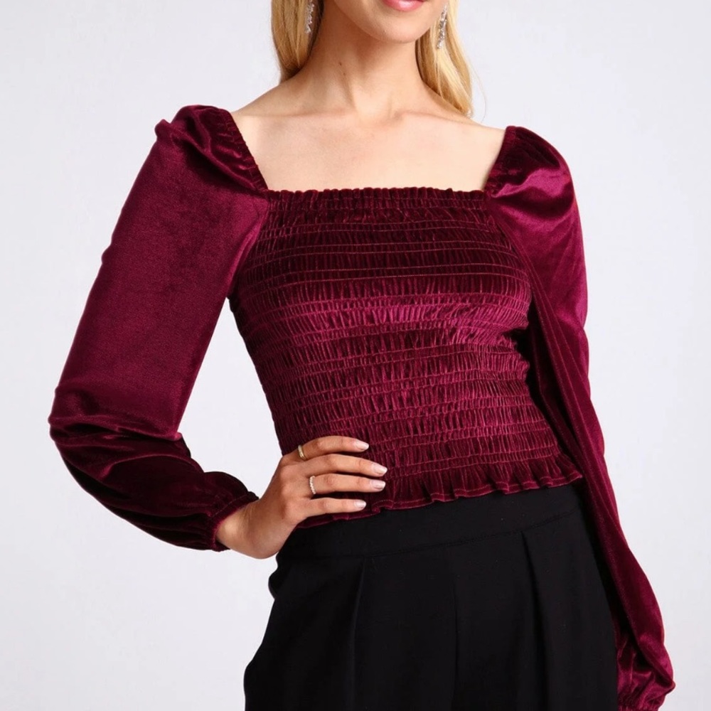 Avec Les Filles X Bagatelle Smocked Velvet Prairie Blouse Red Wine XL